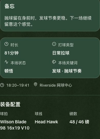 Tennis Journey 真实产品界面，内容为示例数据