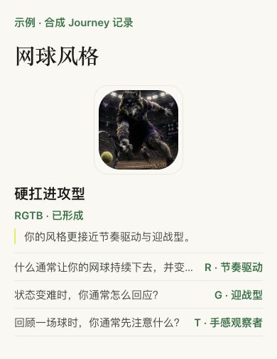 真实 Tennis Journey 网球风格完整预览,使用合成 Journey 记录,展示硬扛进攻型示例及其倾向